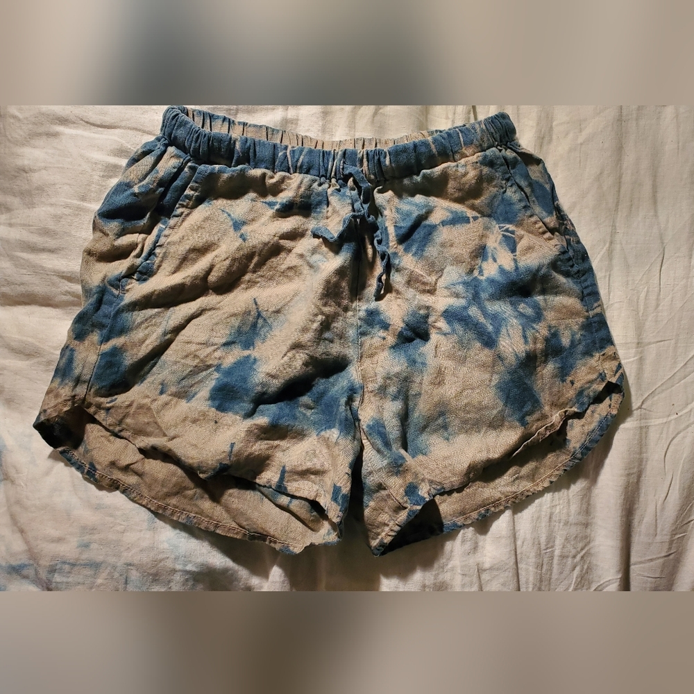 Natural Indigo Tie Dye Plant Dyed 100% Linen Shorts Size S